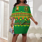 Custom Cameroon Football Off Shoulder Short Dress Tribal Motifs Green Color - African Pride