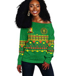 Custom Cameroon Football Off Shoulder Sweater Tribal Motifs Green Color - African Pride