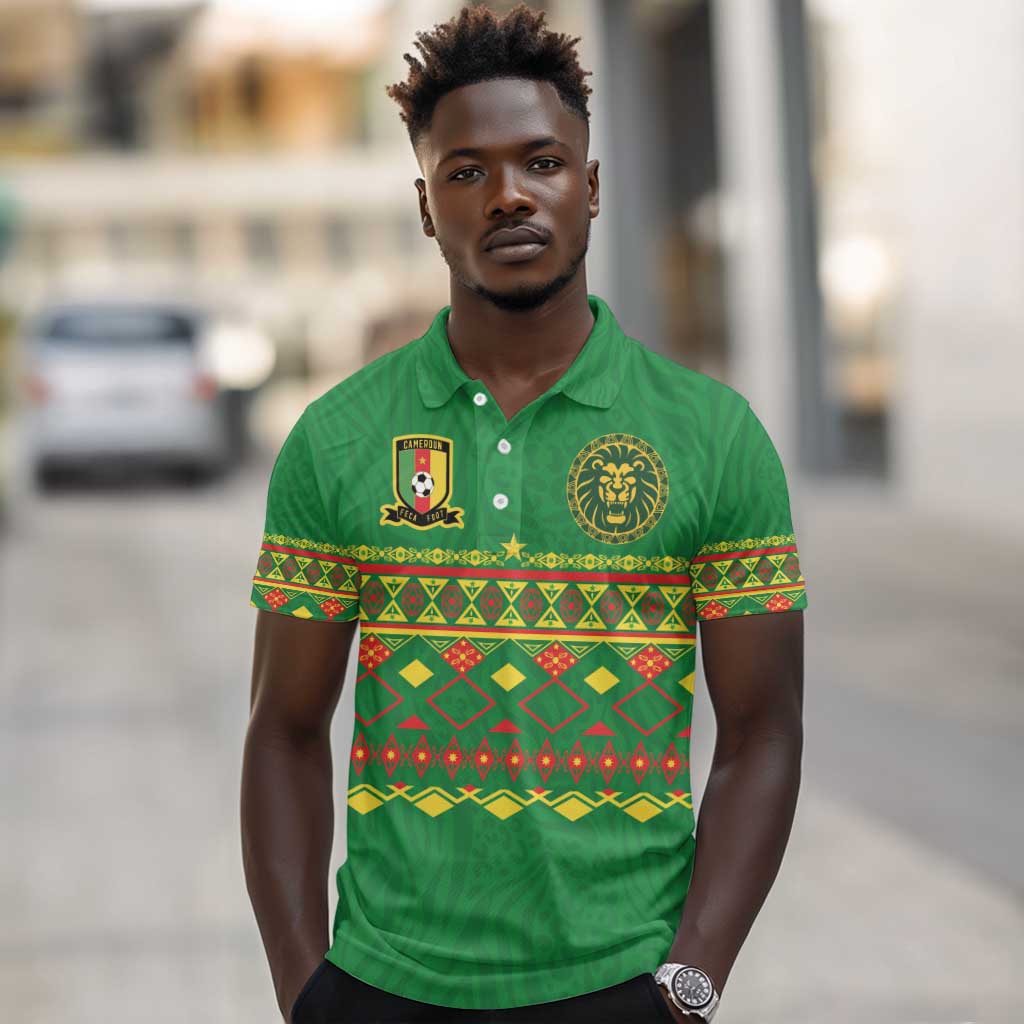Custom Cameroon Football Polo Shirt Tribal Motifs Green Color - African Pride