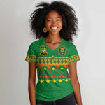 Custom Cameroon Football Women V-Neck T-Shirt Tribal Motifs Green Color - African Pride