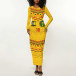Custom Cameroon Football Long Sleeve Bodycon Dress Tribal Motifs Yellow Color - African Pride