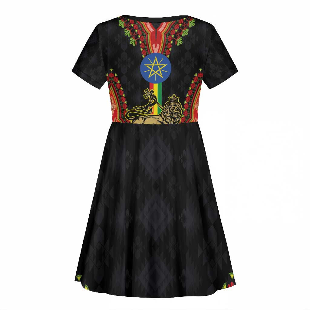 Ethiopia Lion of Judah and The Star Seal Kid Short Sleeve Dress Dashiki Style