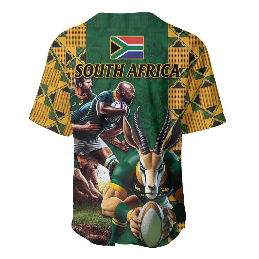 South Africa Rugby Baseball Jersey - Springbok Mascot, Players Fighting for Victory