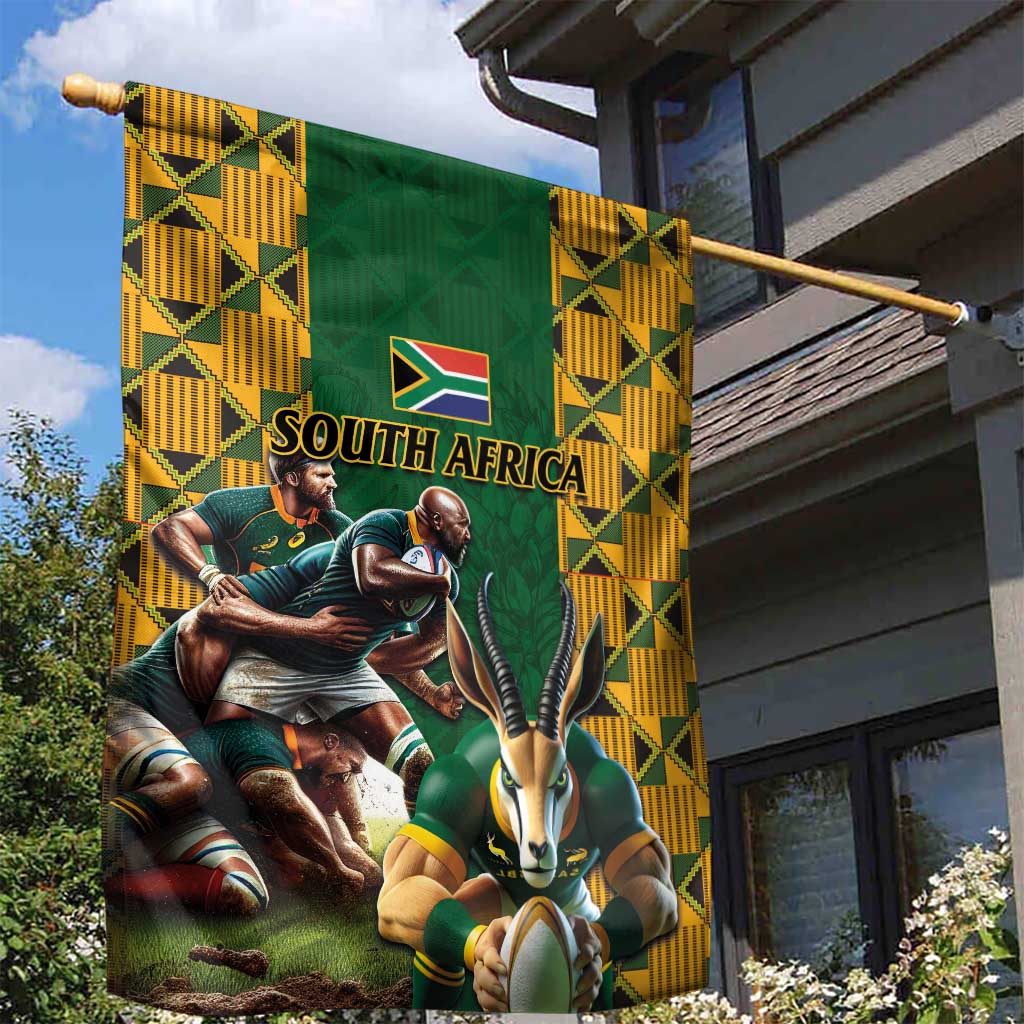 South Africa Rugby Garden Flag - Springbok Mascot, Players Fighting for Victory