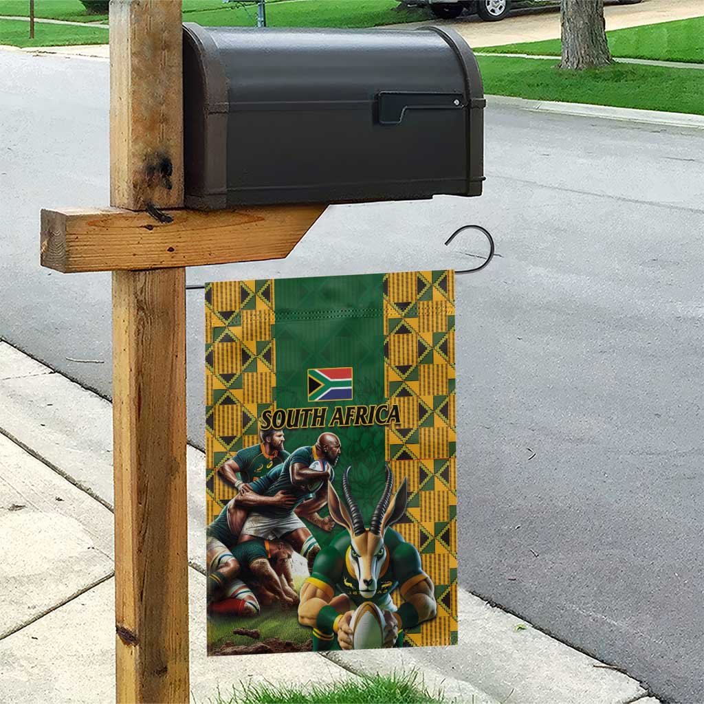 South Africa Rugby Garden Flag - Springbok Mascot, Players Fighting for Victory