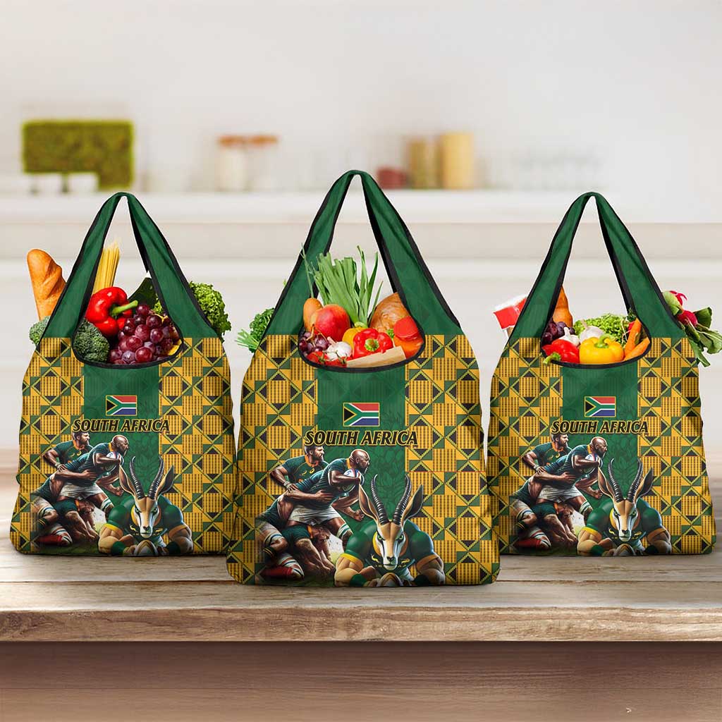 South Africa Rugby Grocery Bag - Springbok Mascot, Players Fighting for Victory