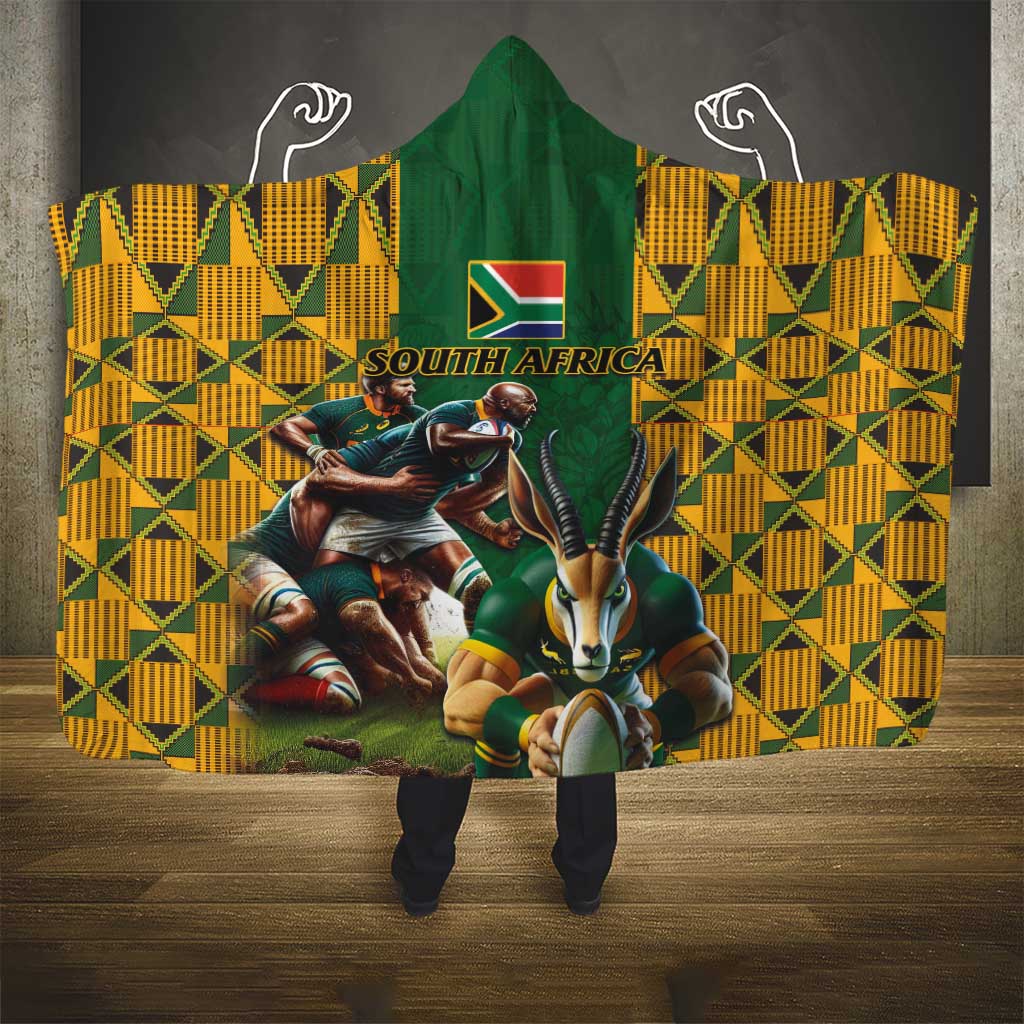 South Africa Rugby Hooded Blanket - Springbok Mascot, Players Fighting for Victory
