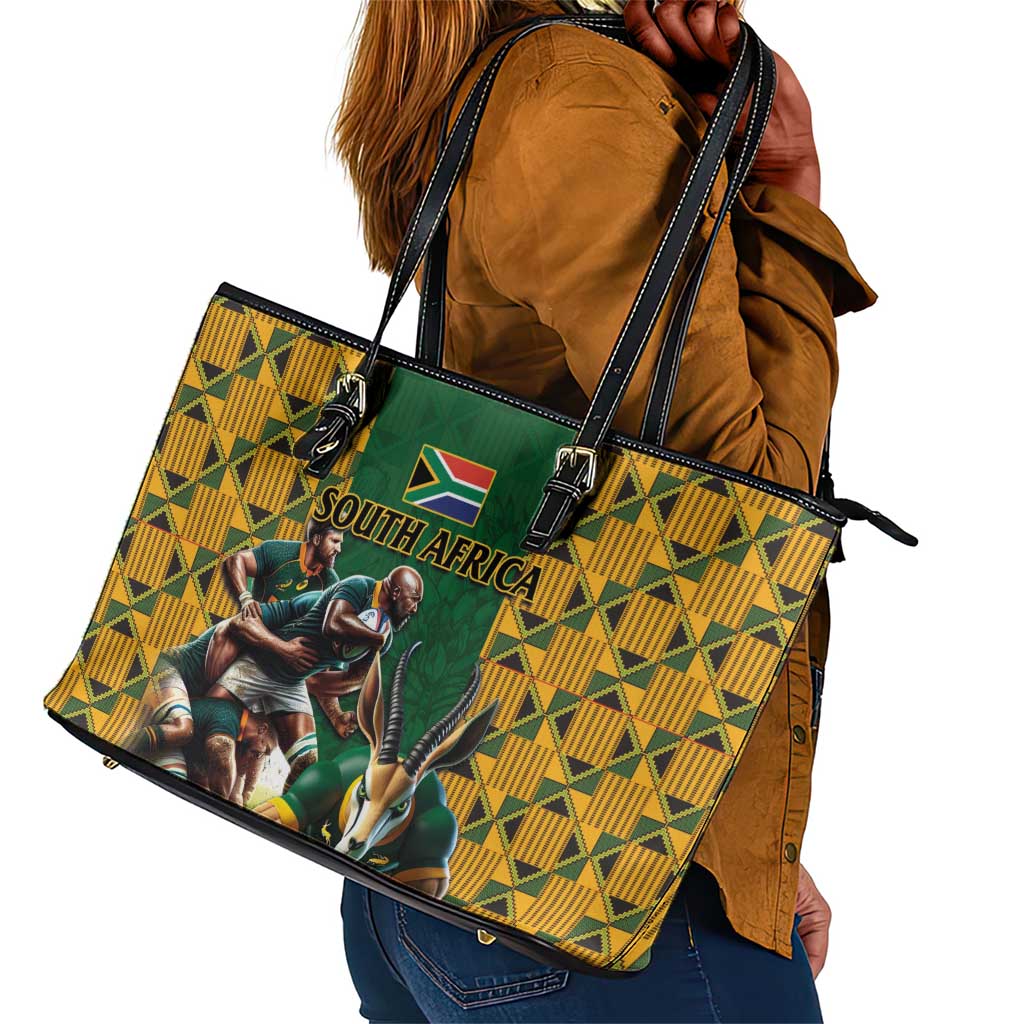 South Africa Rugby Leather Tote Bag - Springbok Mascot, Players Fighting for Victory