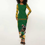 South Africa Rugby Long Sleeve Bodycon Dress - Springbok Mascot, Players Fighting for Victory LT03