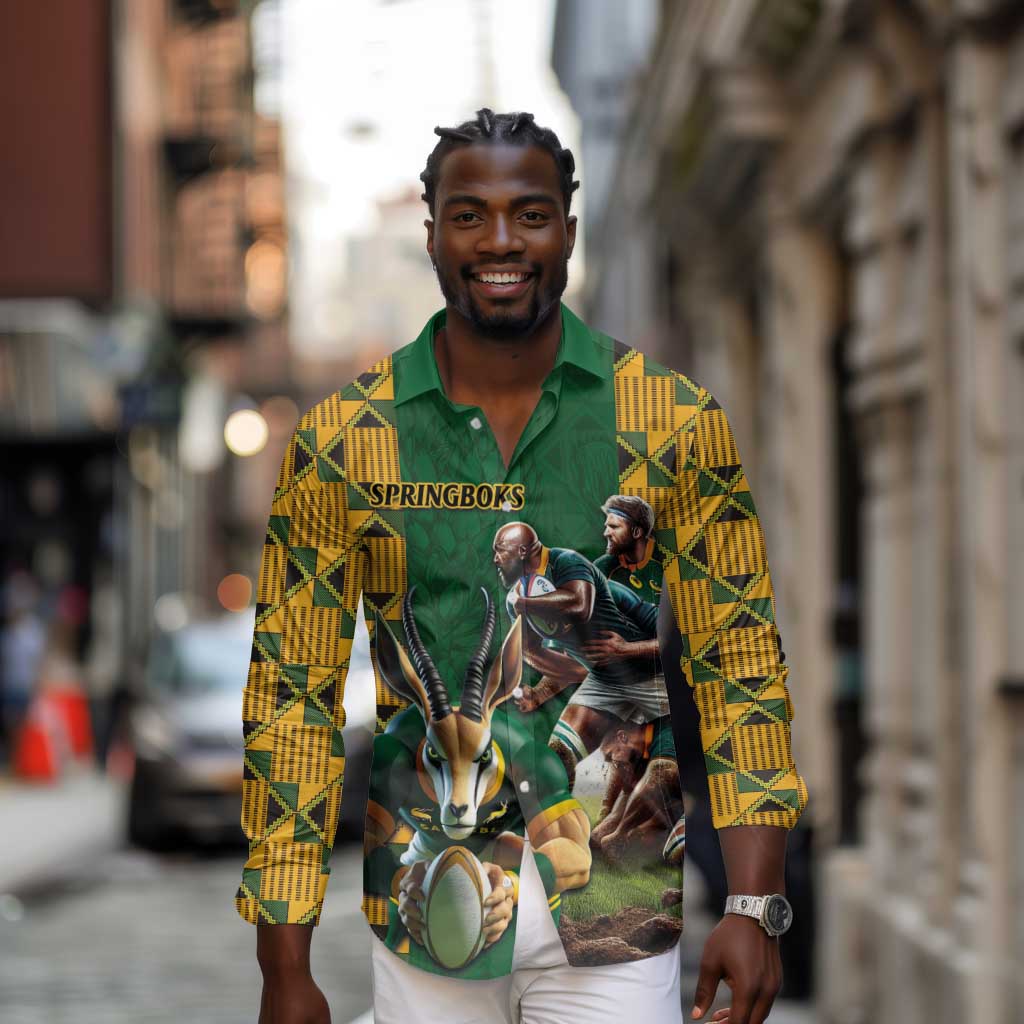 South Africa Rugby Long Sleeve Button Shirt - Springbok Mascot, Players Fighting for Victory