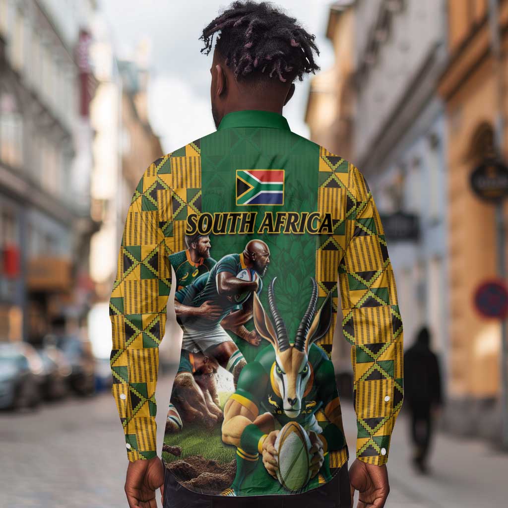 South Africa Rugby Long Sleeve Button Shirt - Springbok Mascot, Players Fighting for Victory