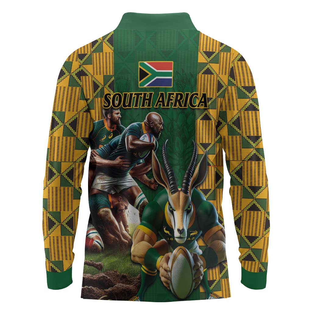 South Africa Rugby Long Sleeve Polo Shirt - Springbok Mascot, Players Fighting for Victory