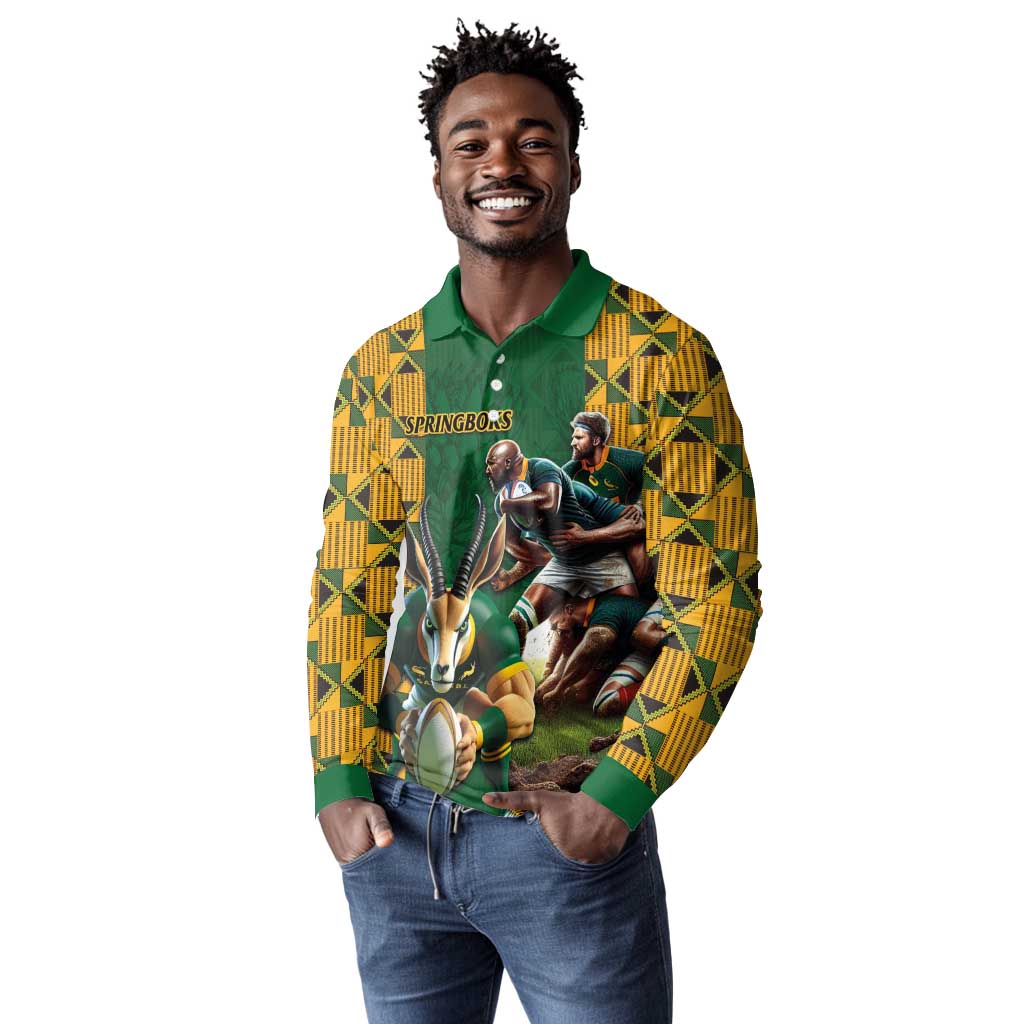 South Africa Rugby Long Sleeve Polo Shirt - Springbok Mascot, Players Fighting for Victory