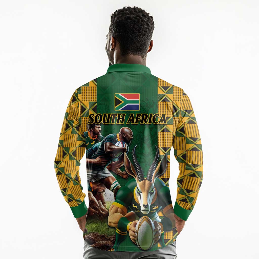 South Africa Rugby Long Sleeve Polo Shirt - Springbok Mascot, Players Fighting for Victory