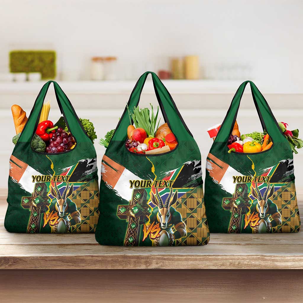 Personalized South Africa Versus Ireland Rugby Grocery Bag - Springbok Mascot, Celtic Cross Design