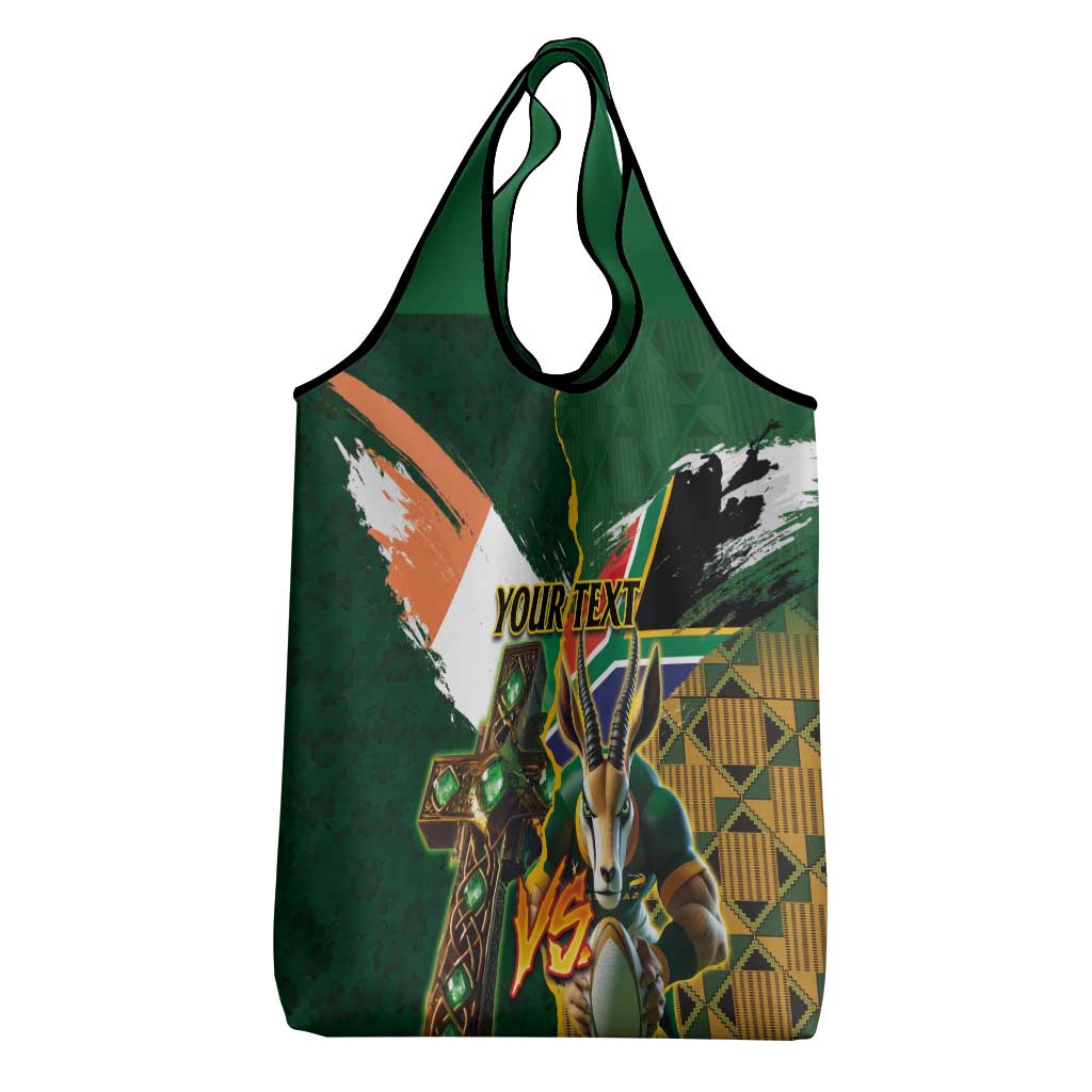 Personalized South Africa Versus Ireland Rugby Grocery Bag - Springbok Mascot, Celtic Cross Design