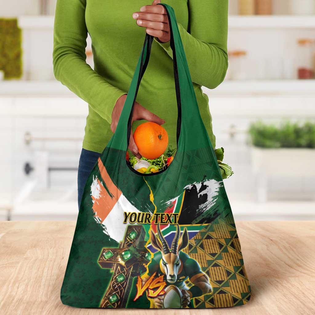Personalized South Africa Versus Ireland Rugby Grocery Bag - Springbok Mascot, Celtic Cross Design
