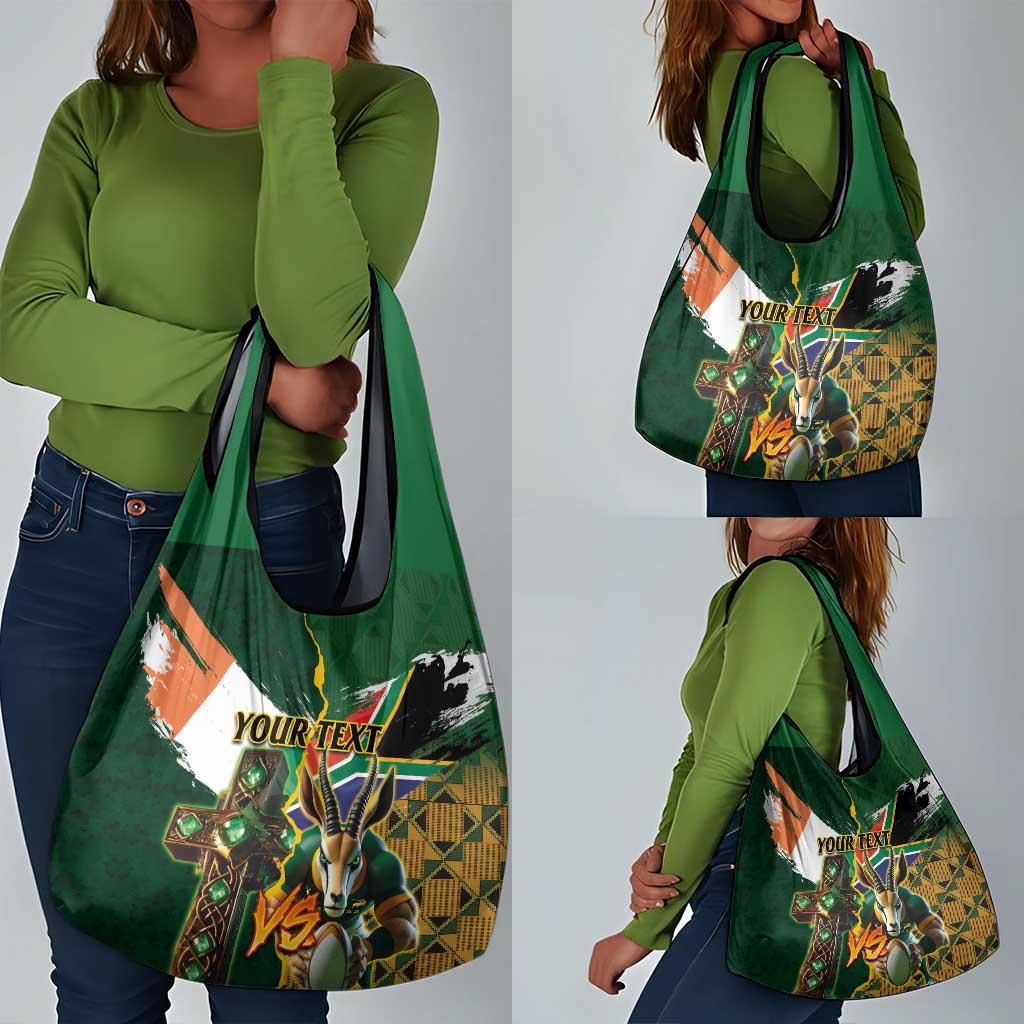 Personalized South Africa Versus Ireland Rugby Grocery Bag - Springbok Mascot, Celtic Cross Design