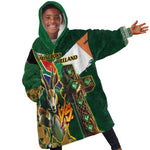 Personalized South Africa Versus Ireland Rugby KId Wearable Blanket Hoodie - Springbok Mascot, Celtic Cross Design
