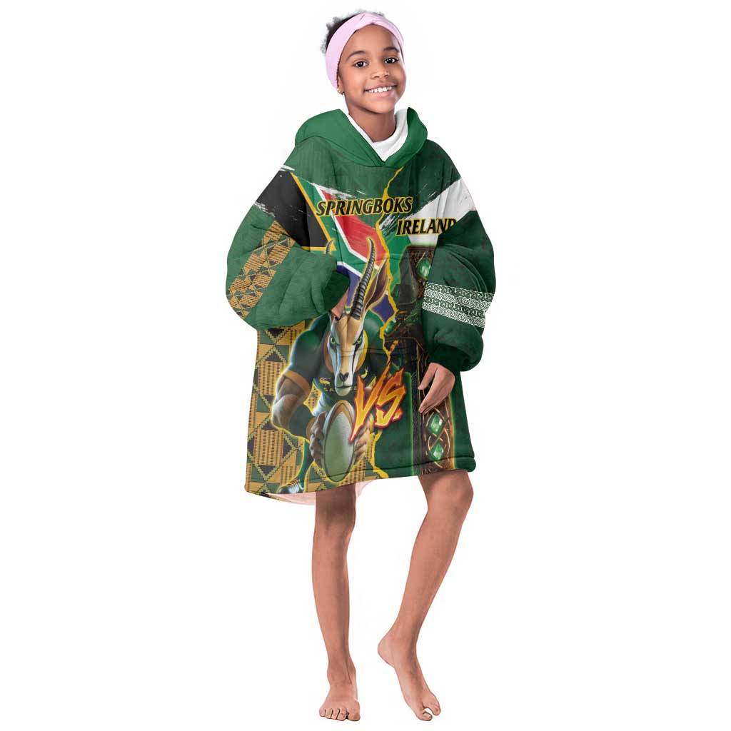 Personalized South Africa Versus Ireland Rugby KId Wearable Blanket Hoodie - Springbok Mascot, Celtic Cross Design
