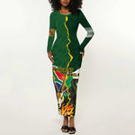 Personalized South Africa Versus Ireland Rugby Long Sleeve Bodycon Dress - Springbok Mascot, Celtic Cross Design LT03