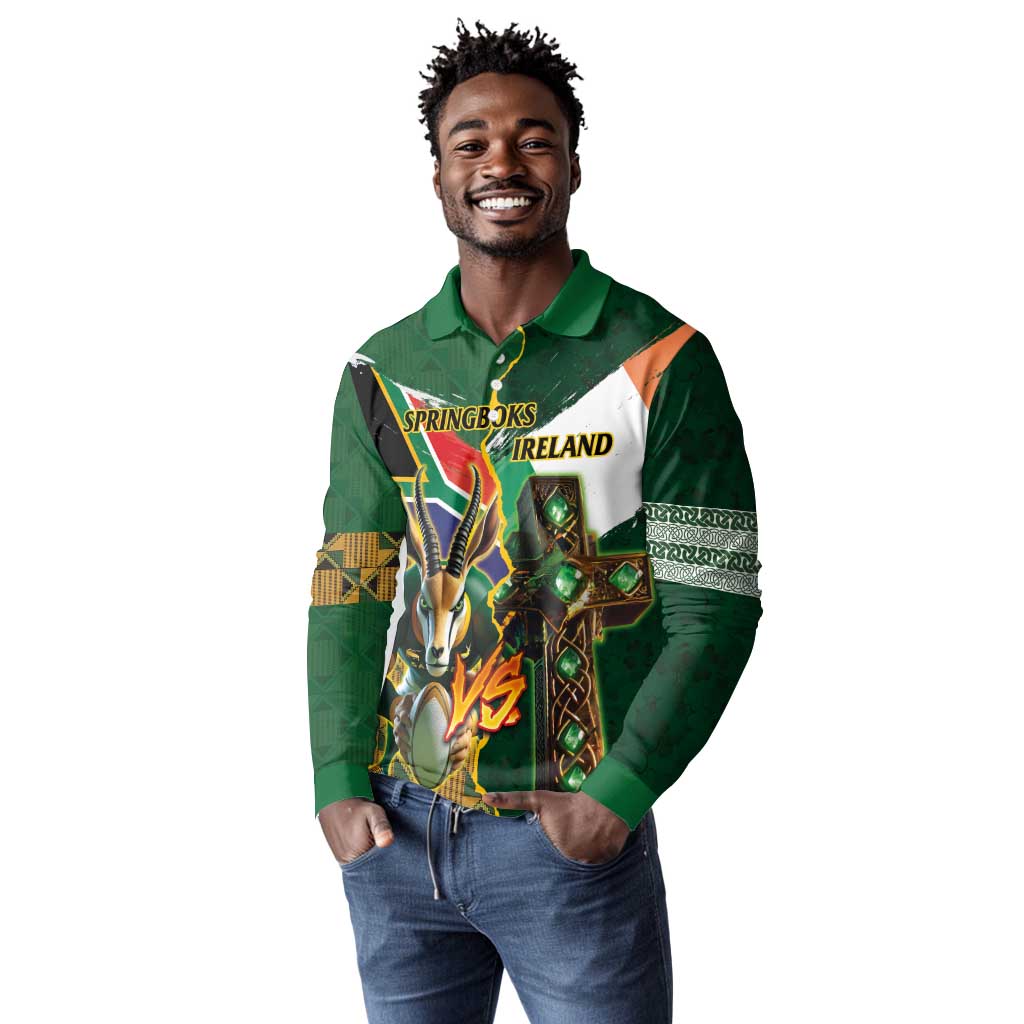 Personalized South Africa Versus Ireland Rugby Long Sleeve Polo Shirt - Springbok Mascot, Celtic Cross Design