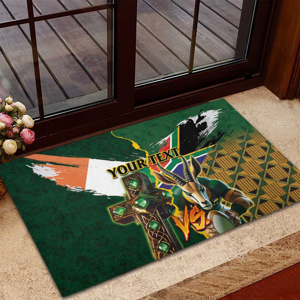 Personalized South Africa Versus Ireland Rugby Rubber Doormat - Springbok Mascot, Celtic Cross Design