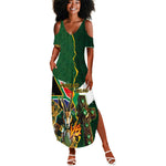 Personalized South Africa Versus Ireland Rugby Summer Maxi Dress - Springbok Mascot, Celtic Cross Design
