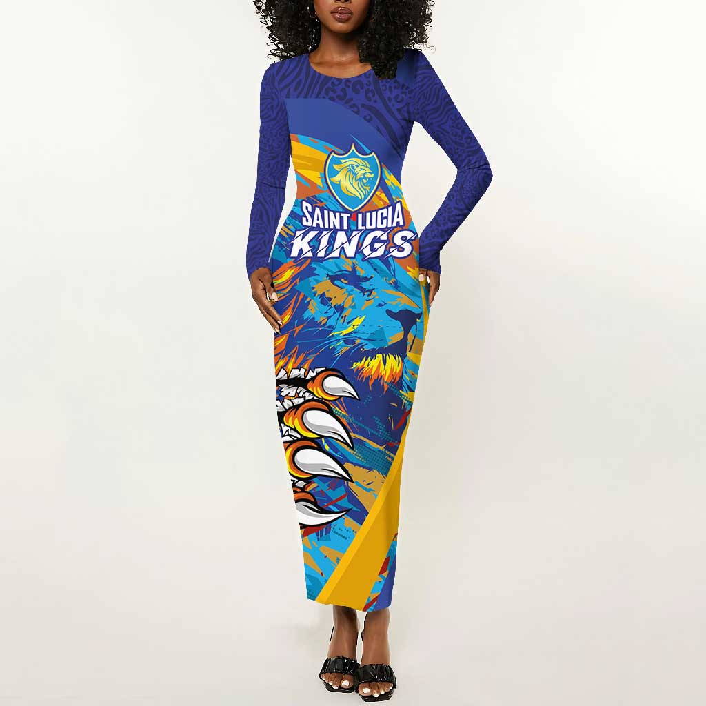 Custom Saint Lucia Cricket Kings Long Sleeve Bodycon Dress Caribbean-Roar of Power Lions - African Pride