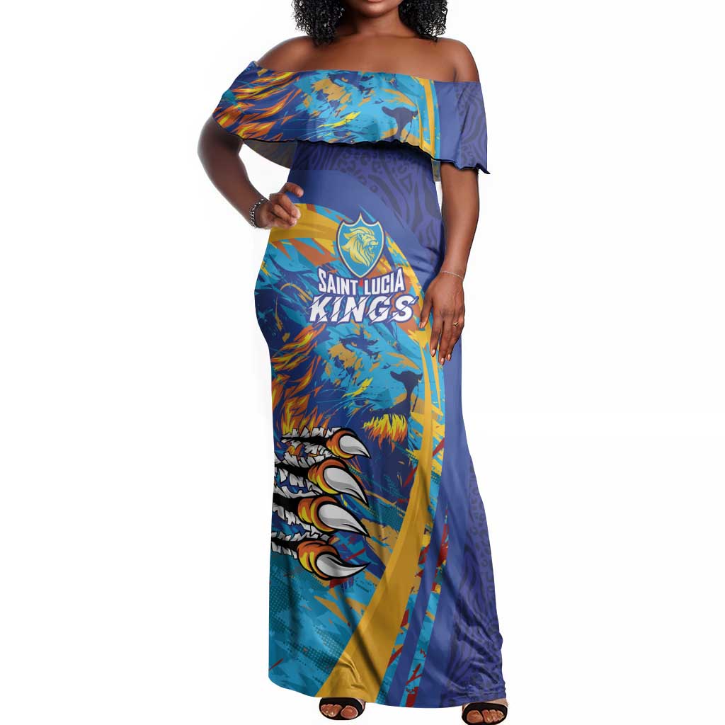 Custom Saint Lucia Cricket Kings Off Shoulder Maxi Dress Caribbean-Roar of Power Lions - African Pride