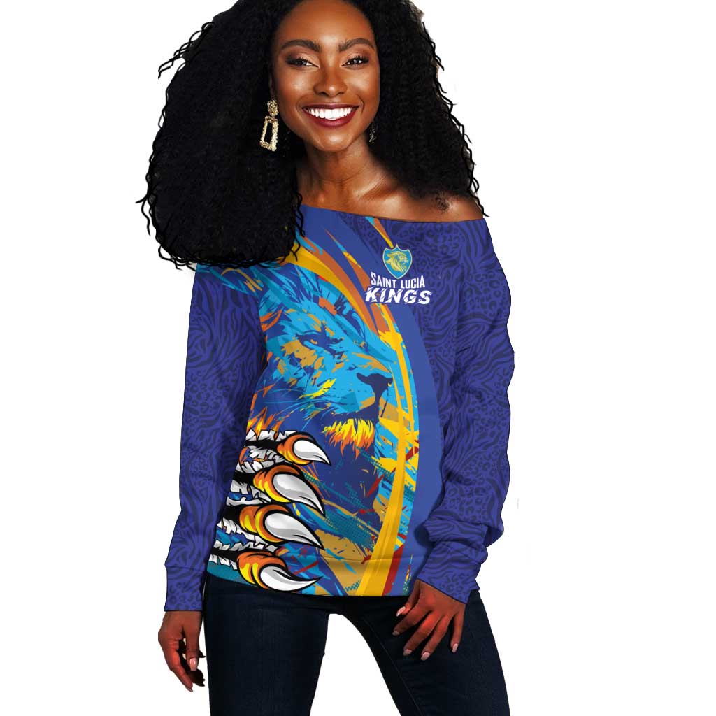 Custom Saint Lucia Cricket Kings Off Shoulder Sweater Caribbean-Roar of Power Lions - African Pride