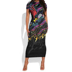 Custom Antigua & Barbuda Cricket Falcons Short Sleeve Bodycon Dress Through The Fire-Go Glory - African Pride