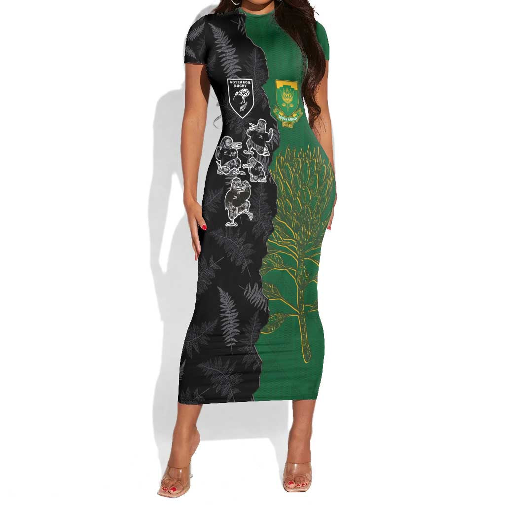 Custom Aotearoa South Africa Rugby Freedom Cup Off Shoulder Maxi Dress Kiwi Warriors Haka with King Protea Symbol LT03 main image 1