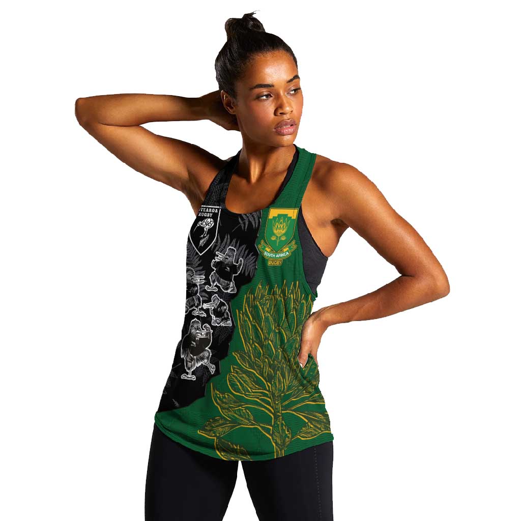Custom Aotearoa South Africa Rugby Freedom Cup Women Racerback Tank Kiwi Warriors Haka with King Protea Symbol - African Pride