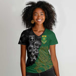 Custom Aotearoa South Africa Rugby Freedom Cup Women V-Neck T-Shirt Kiwi Warriors Haka with King Protea Symbol - African Pride