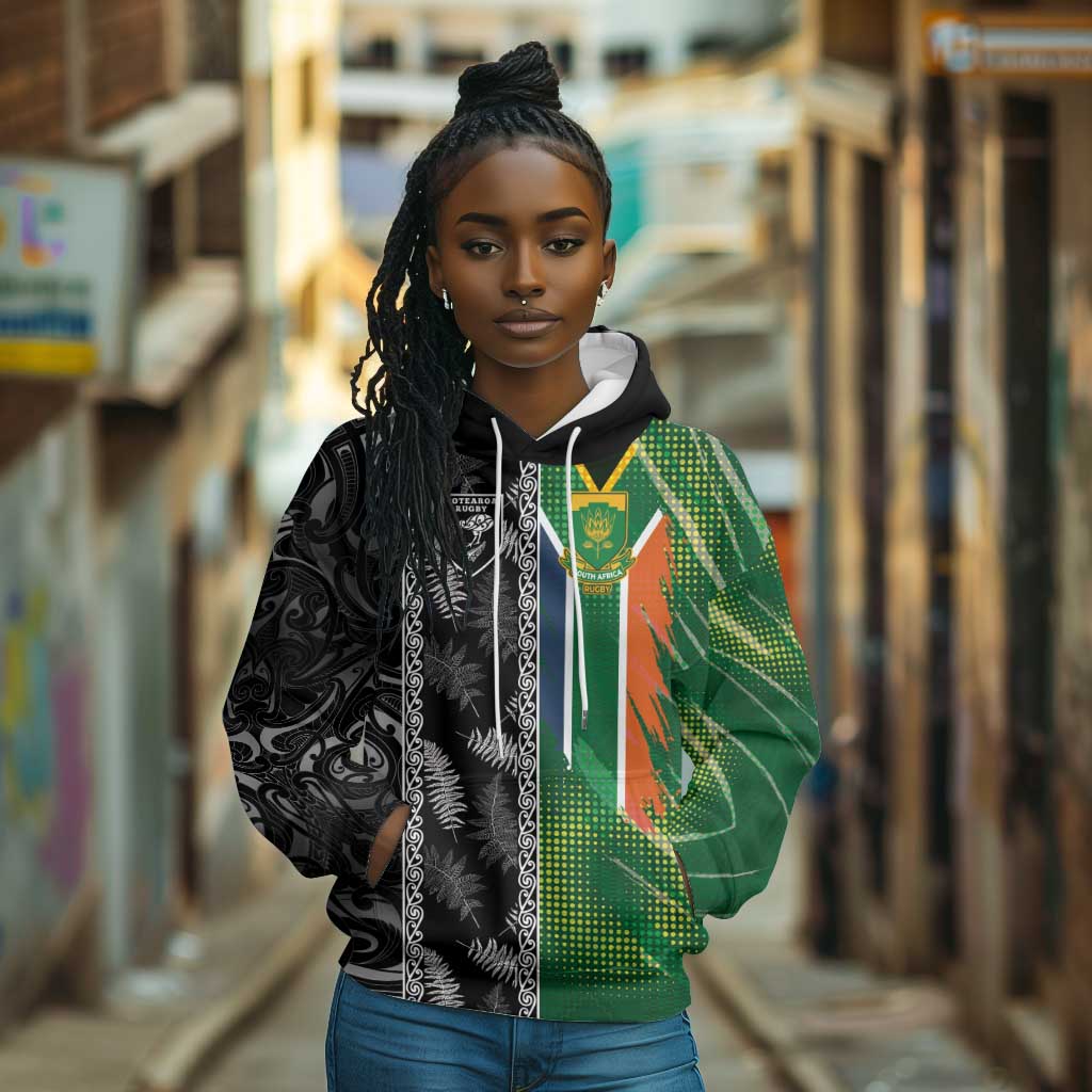 Custom Aotearoa South Africa Rugby Freedom Cup Hoodie Maori Silver Fern Art and Sporty Flag SA - African Pride