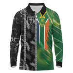 Custom Aotearoa South Africa Rugby Freedom Cup Long Sleeve Polo Shirt Maori Silver Fern Art and Sporty Flag SA - African Pride