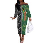 Custom Aotearoa South Africa Rugby Freedom Cup Off The Shoulder Long Sleeve Dress Maori Silver Fern Art and Sporty Flag SA - African Pride