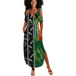 Custom Aotearoa South Africa Rugby Freedom Cup Summer Maxi Dress Maori Silver Fern Art and Sporty Flag SA - African Pride