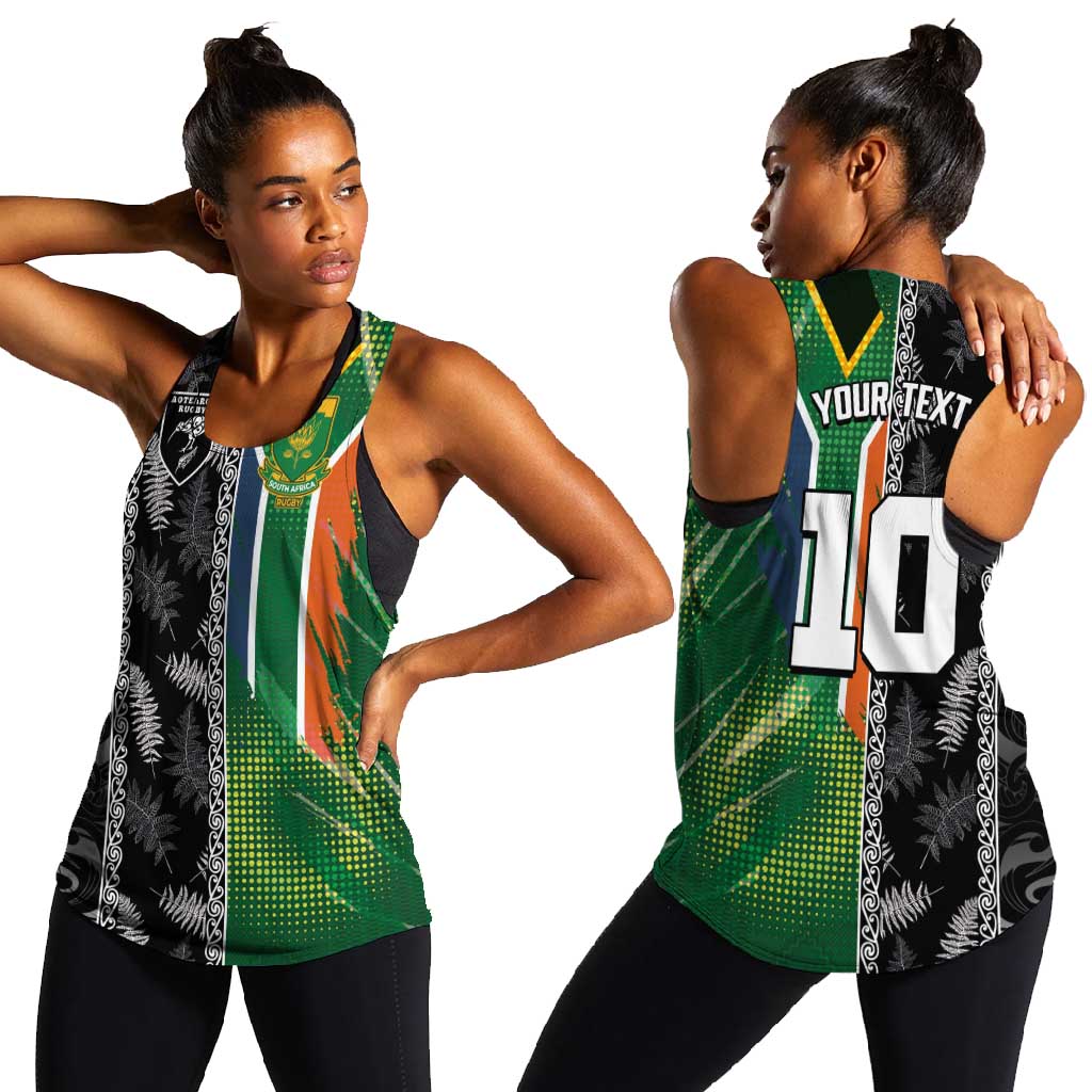 Custom Aotearoa South Africa Rugby Freedom Cup Women Racerback Tank Maori Silver Fern Art and Sporty Flag SA - African Pride