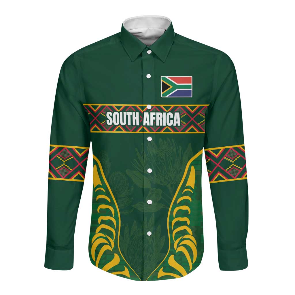 Custom South Africa Rugby Long Sleeve Button Shirt Springboks Spirit and King Protea