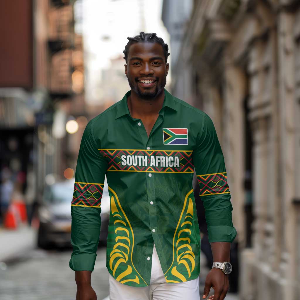 Custom South Africa Rugby Long Sleeve Button Shirt Springboks Spirit and King Protea