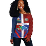 Hispaniola Off Shoulder Sweater Haiti and Dominican Republic Emblems and Flag Style