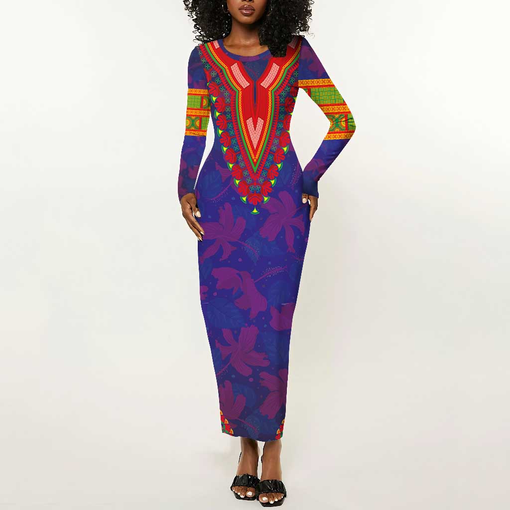 Haiti Long Sleeve Bodycon Dress Choeblack Dashiki Style Blue Color by AfricanPride