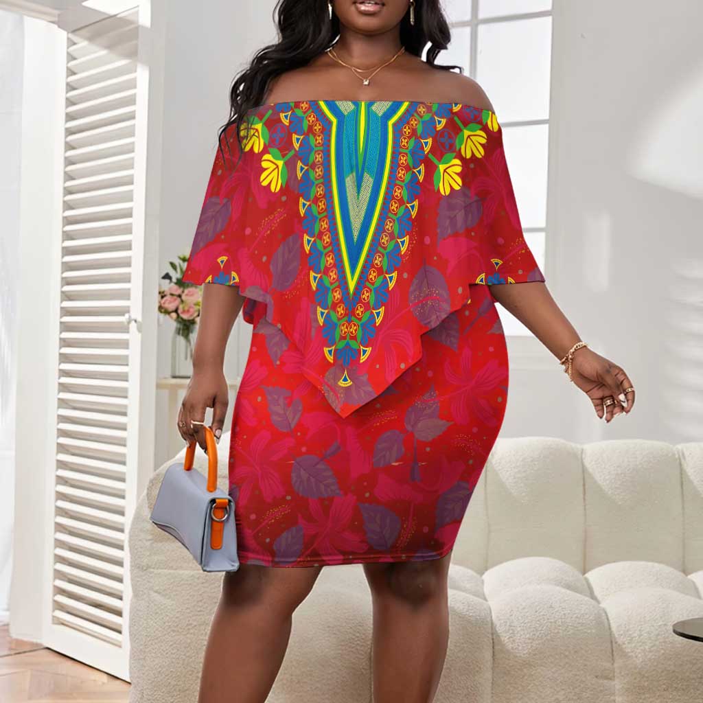 Hispaniola Off Shoulder Short Dress Haiti and Dominican Republic Emblems and Flag Style LT03