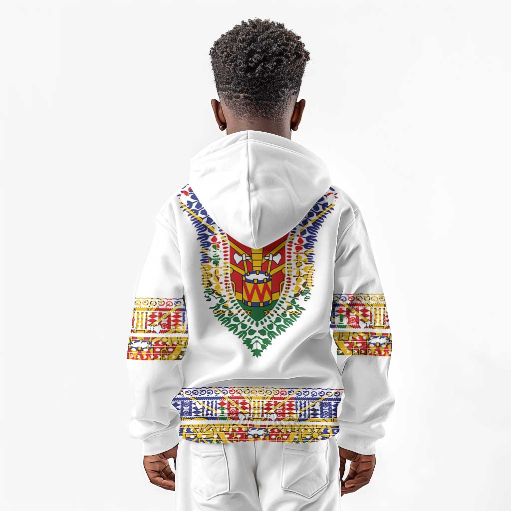 Haiti Flag Kid Hoodie Traditional Dashiki White Color