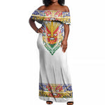 Haiti Flag Off Shoulder Maxi Dress Traditional Dashiki White Color