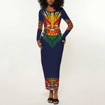 Haiti Flag Long Sleeve Bodycon Dress Traditional Dashiki Black Color LT03