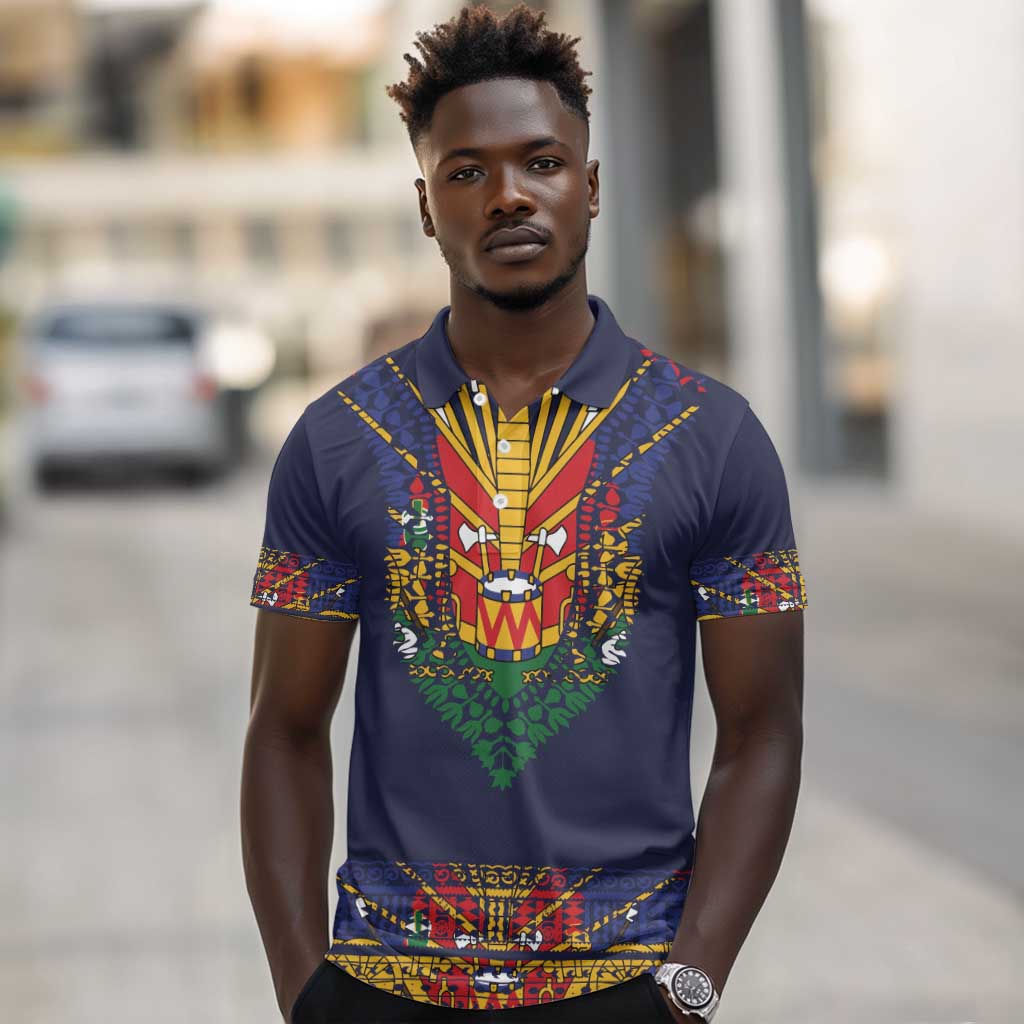Haiti Flag Polo Shirt Traditional Dashiki Black Color