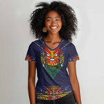 Haiti Flag Women V-Neck T-Shirt Traditional Dashiki Black Color